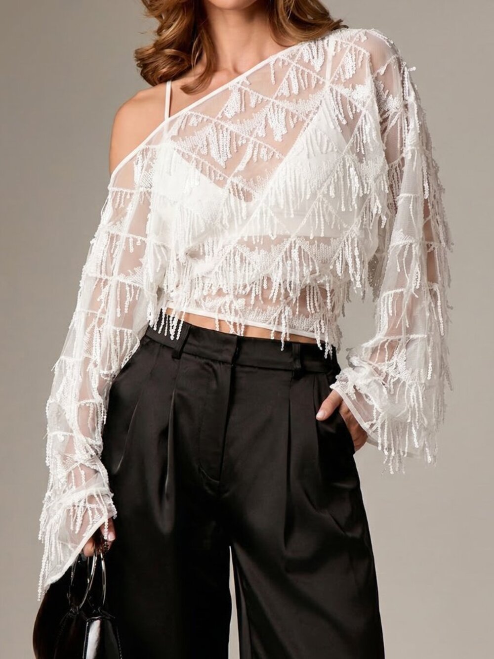 White Sexy Women's Sequin One Shoulder Top with Fringe and Sheer Sleeves